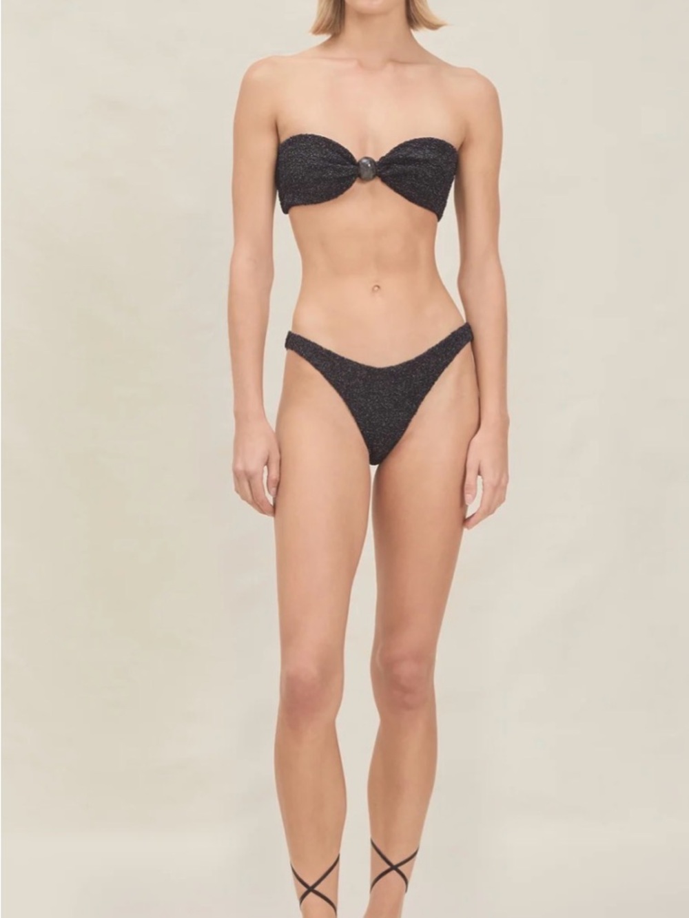 Strapless Black Sparkle Bikini Set - Bandeau Top & High-Cut Bottoms